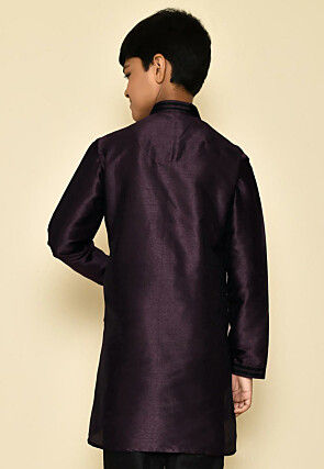 Embroidered Neckline Dupion Silk Kurta in Wine