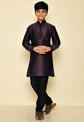 Embroidered Neckline Dupion Silk Kurta in Wine