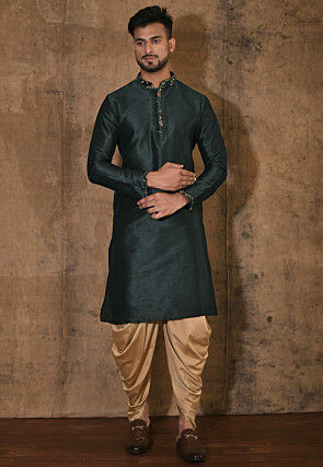 Embroidered Neckline Dupion Silk Kurta Set in Dark Green