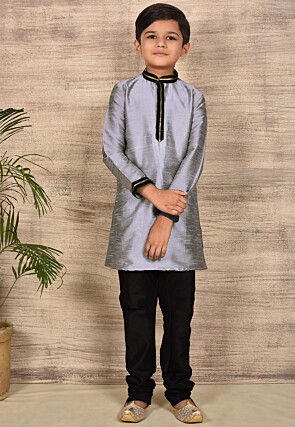 Embroidered Neckline Dupion Silk Kurta Set in Grey