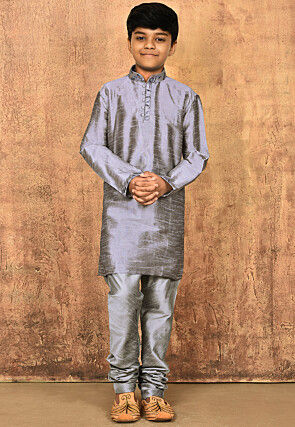 Embroidered Neckline Dupion Silk Kurta Set in Grey