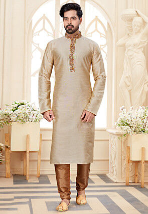Embroidered Neckline Dupion Silk Kurta in Light Beige