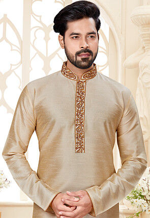 Embroidered Neckline Dupion Silk Kurta in Light Beige