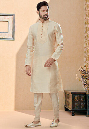 Embroidered Neckline Dupion Silk Kurta in Light Beige
