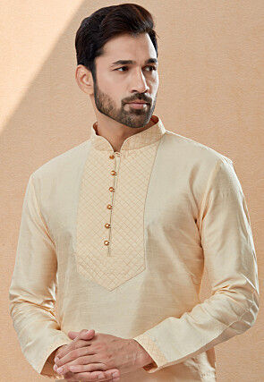 Embroidered Neckline Dupion Silk Kurta in Light Beige