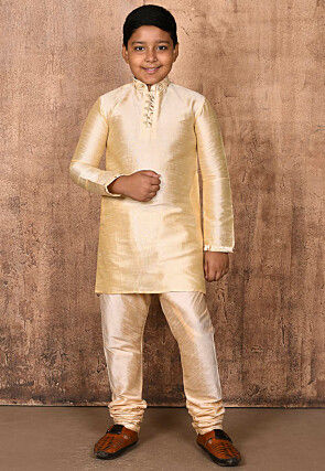 Embroidered Neckline Dupion Silk Kurta Set in Light Beige