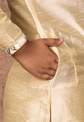 Embroidered Neckline Dupion Silk Kurta Set in Light Beige