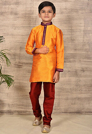 Embroidered Neckline Dupion Silk Kurta Set in Mustard