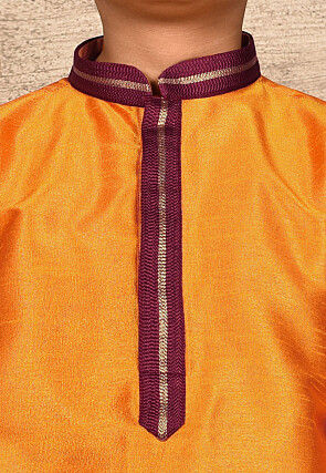 Embroidered Neckline Dupion Silk Kurta Set in Mustard