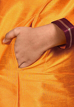 Embroidered Neckline Dupion Silk Kurta Set in Mustard