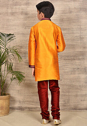 Embroidered Neckline Dupion Silk Kurta Set in Mustard