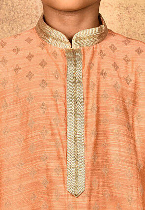 Embroidered Neckline Dupion Silk Kurta Set in Peach