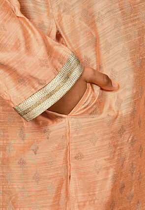 Embroidered Neckline Dupion Silk Kurta Set in Peach