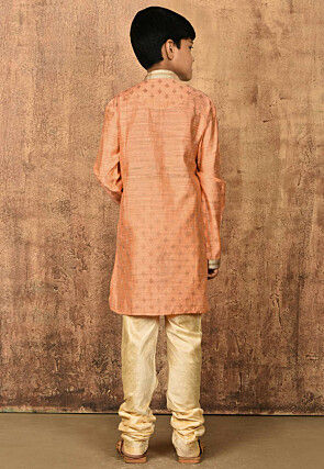Embroidered Neckline Dupion Silk Kurta Set in Peach