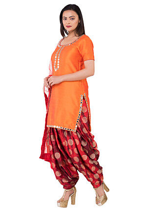 Embroidered Neckline Dupion Silk Punjabi Suit in Orange