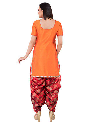 Embroidered Neckline Dupion Silk Punjabi Suit in Orange