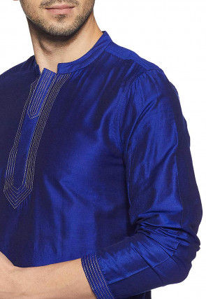 Embroidered Neckline Dupion Silk Short Kurta in Royal Blue