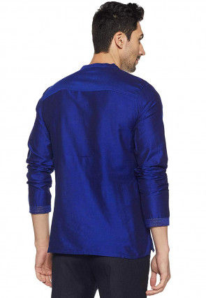 Embroidered Neckline Dupion Silk Short Kurta in Royal Blue