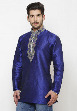 Embroidered Neckline Dupion Silk Short Kurta in Royal Blue