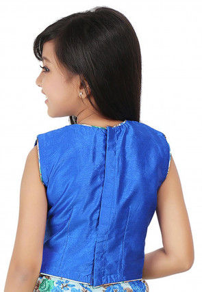 Embroidered Neckline Dupion Silk Top in Blue and Pastel Blue