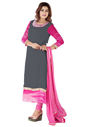 Embroidered Neckline Georgette A Line Suit in Grey