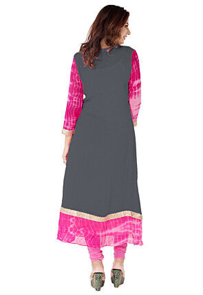 Embroidered Neckline Georgette A Line Suit in Grey