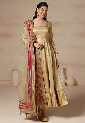 Embroidered Neckline Pure Georgette Anarkali Suit in Beige