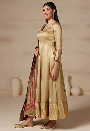 Embroidered Neckline Pure Georgette Anarkali Suit in Beige