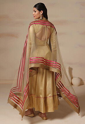 Embroidered Neckline Pure Georgette Anarkali Suit in Beige