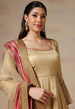 Embroidered Neckline Pure Georgette Anarkali Suit in Beige