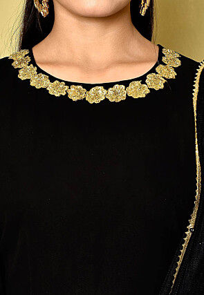 Embroidered Neckline Georgette Gowns in Black