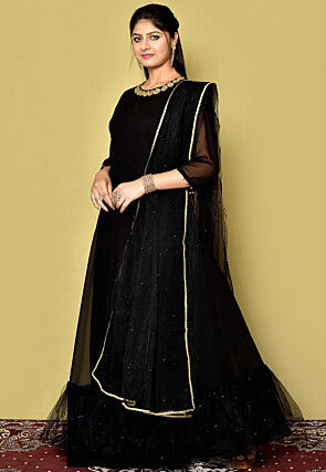 Embroidered Neckline Georgette Gowns in Black