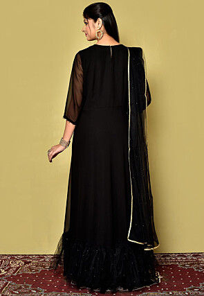 Embroidered Neckline Georgette Gowns in Black