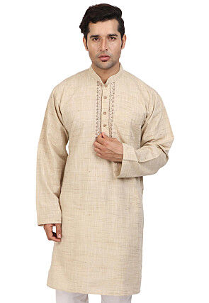 Embroidered Neckline Handloom South Cotton Kurta in Beige