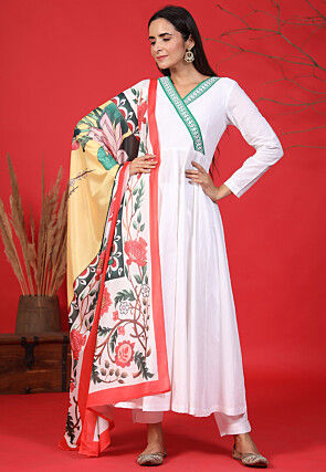 Embroidered Neckline Pure Cotton A Line Suit in White