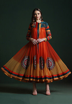 Embroidered Net A Line Kurta in Orange Ombre