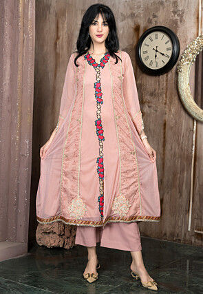 Embroidered Net A Line Kurta in Peach