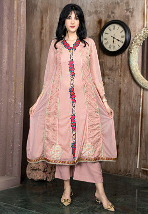 Embroidered Net A Line Kurta Set in Peach