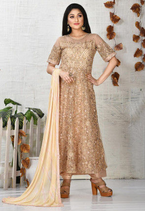 Embroidered Net A Line Suit in Beige