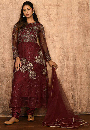 Embroidered Net A Line Suit in Maroon