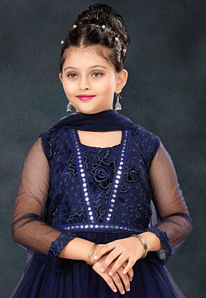 Embroidered Net A Line Suit in Navy Blue