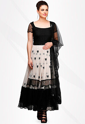 Embroidered Net A Line Suit in Peach and Black