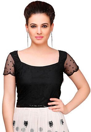 Embroidered Net A Line Suit in Peach and Black