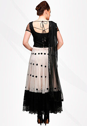 Embroidered Net A Line Suit in Peach and Black