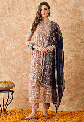 Embroidered Net A Line Suit in Peach