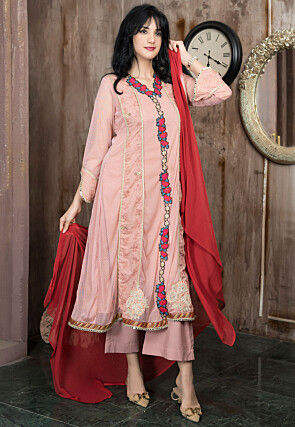 Embroidered Net A Line Suit in Peach