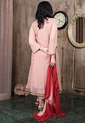 Embroidered Net A Line Suit in Peach