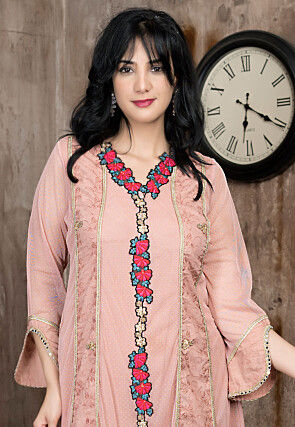 Embroidered Net A Line Suit in Peach