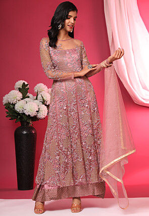 Embroidered Net A Line Suit in Pink