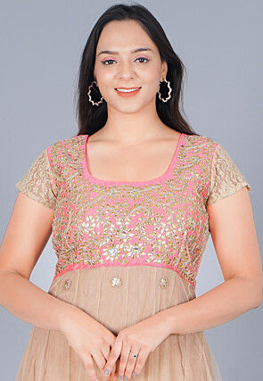 Embroidered Net Abaya Style Suit in Baby Pink and Beige